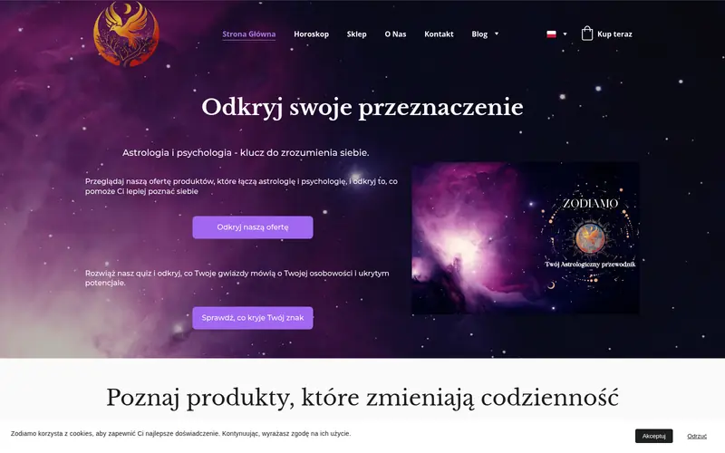 Zrzut ekranu strony Zodiamo — sklep astrologiczny